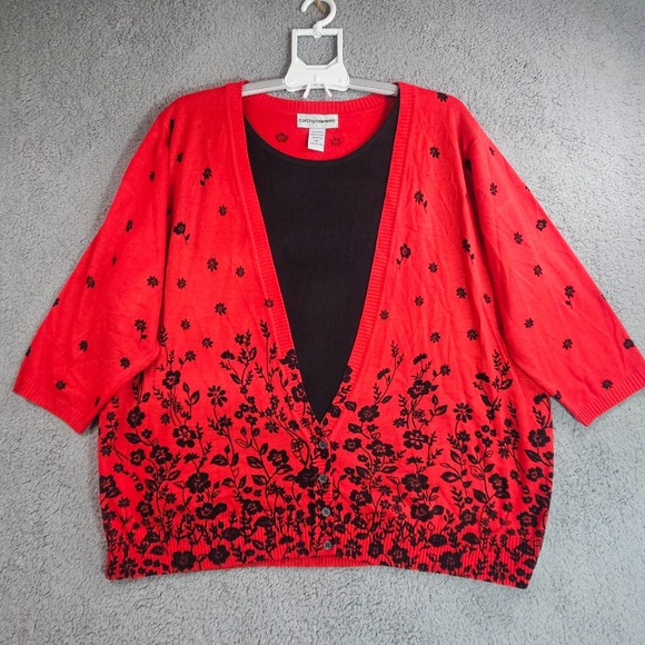 Cathy Daniels Sweaters - Cathy Daniels Sweater Cardigan Womens 3X‎ Attached Top Pullover Floral Red Black